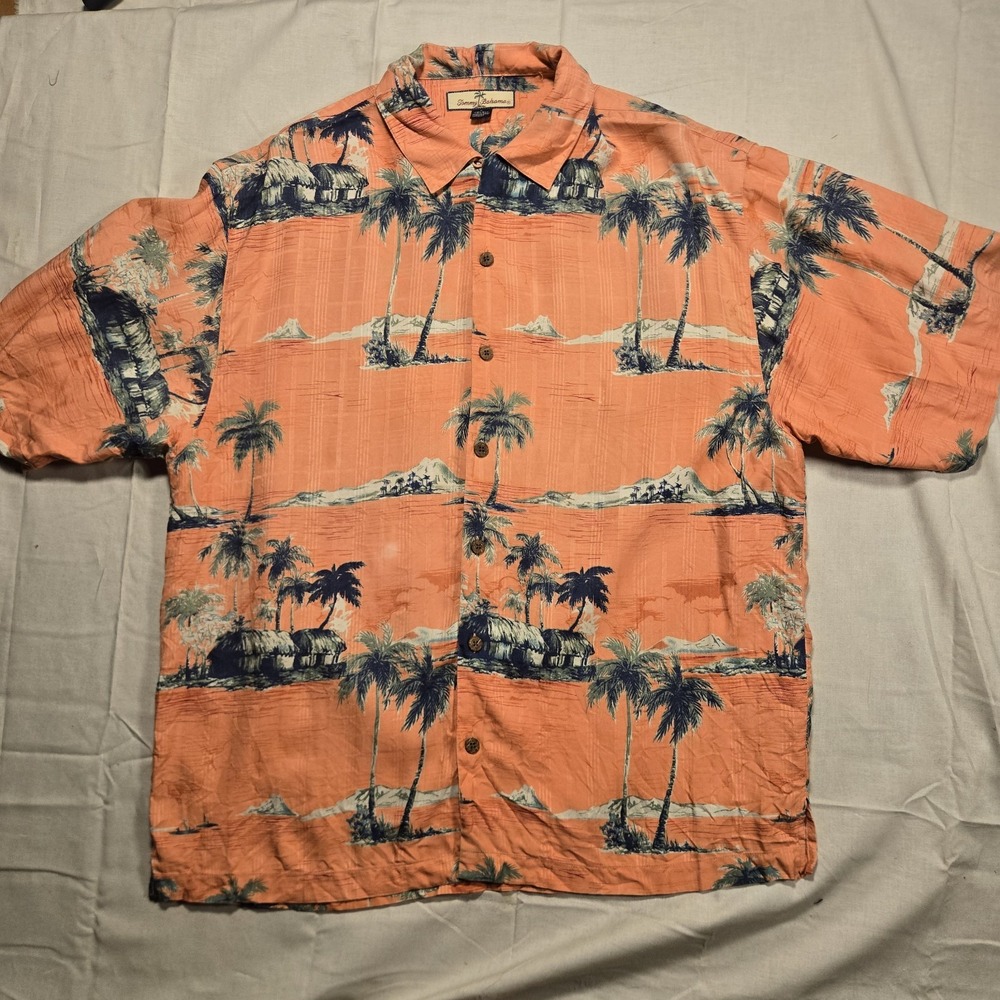 Tommy Bahama Mens Hawaiian Button Front Shirt Pink Tropical Palm Hut Silk Large